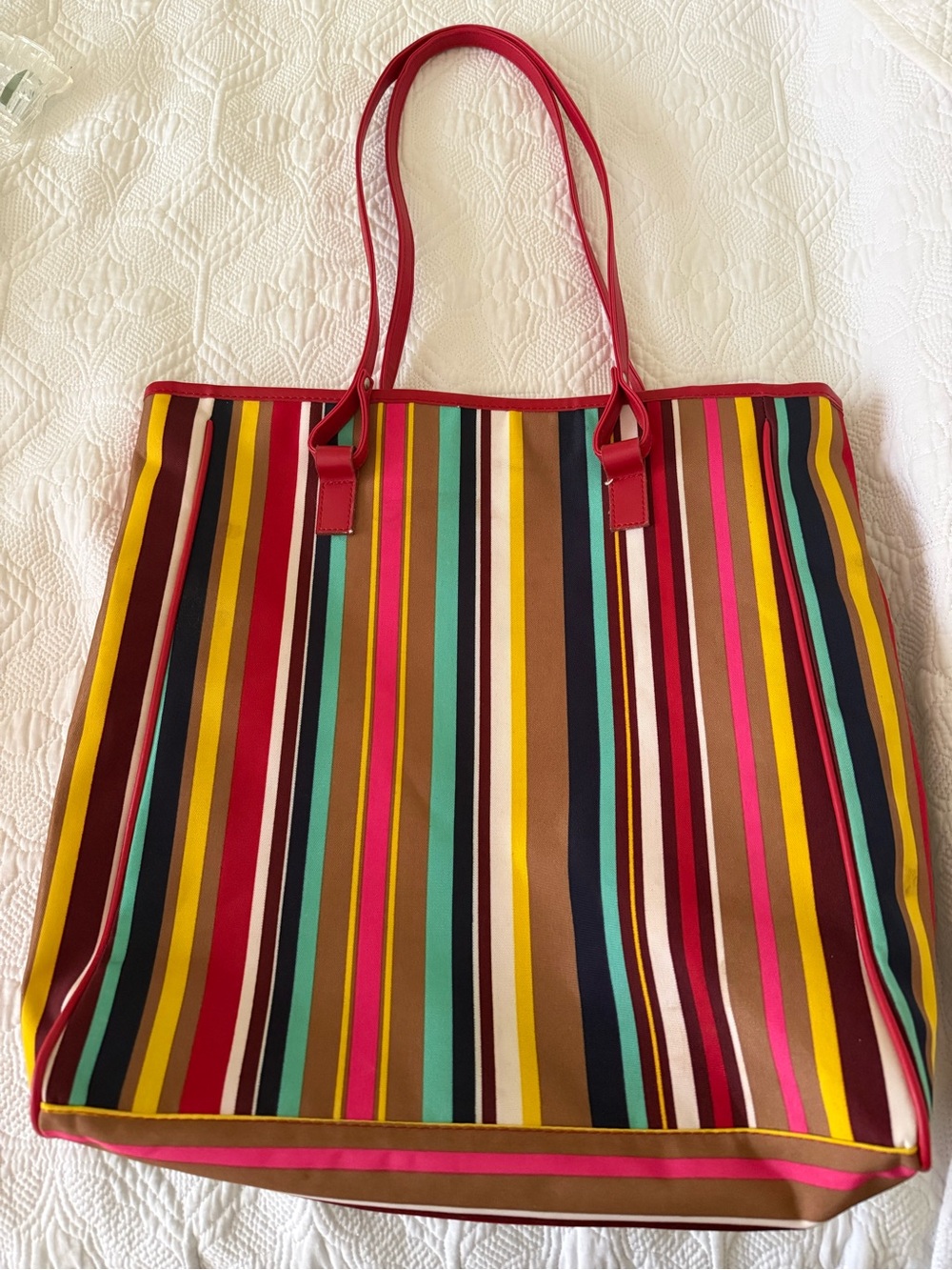 Striped Multi-Color Tote Bag with Red Handles